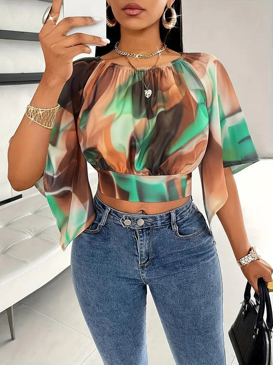 Women’s Printed Crop Top – Draped Flutter Sleeve Summer Top for Holiday and Evening Wear