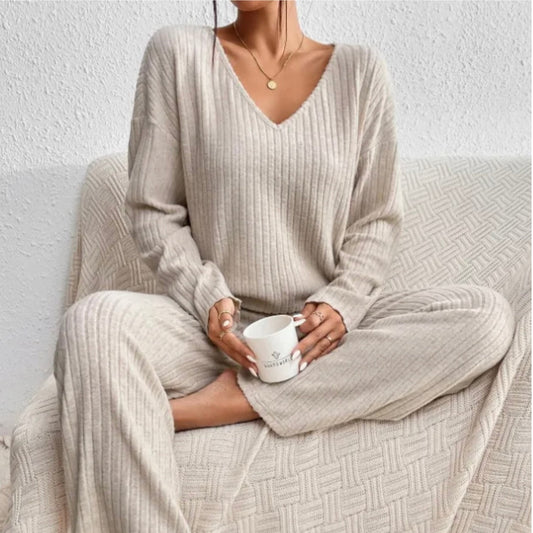 Women’s Lounge Set – Ribbed Knit V-Neck Top with Wide-Leg Trousers