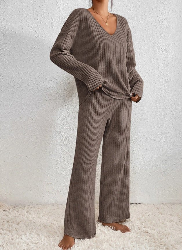 Women’s Lounge Set – Ribbed Knit V-Neck Top with Wide-Leg Trousers