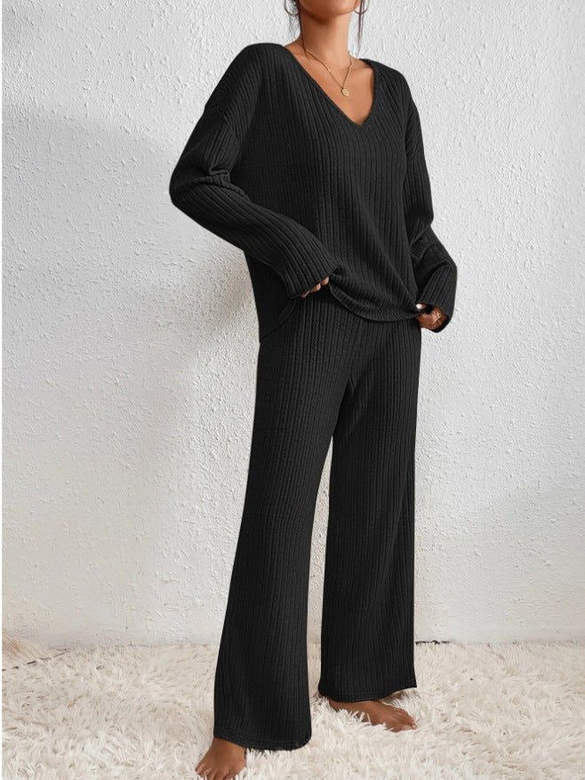 Women’s Lounge Set – Ribbed Knit V-Neck Top with Wide-Leg Trousers