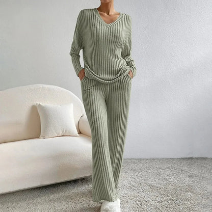Women’s Lounge Set – Ribbed Knit V-Neck Top with Wide-Leg Trousers