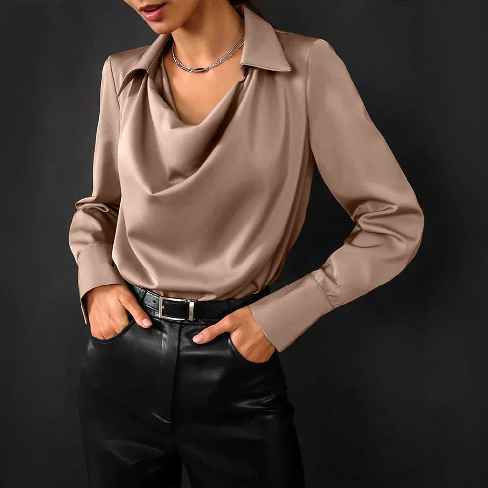 Women’s Elegant Satin Blouse – Shirt Collar with Draped Neckline
