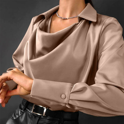 Women’s Elegant Satin Blouse – Shirt Collar with Draped Neckline