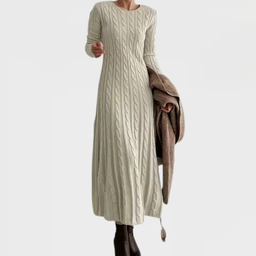 Women’s Knitted Maxi Dress – Cable-Knit Dress with Flared Hem