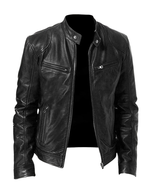 Men’s Biker-Style Jacket – Stand Collar with Press Studs and Four Zip Pockets