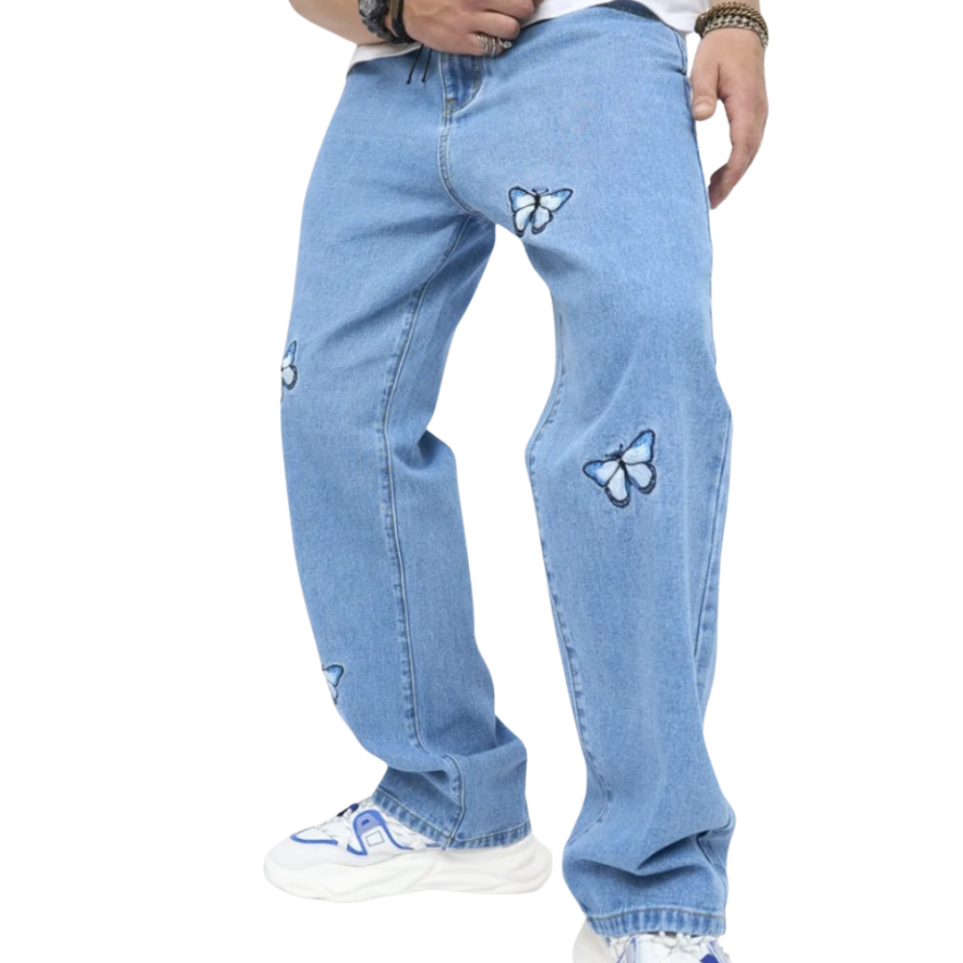 Men’s Butterfly-Embroidered Straight-Leg Jeans – Vintage Denim for Casual Streetwear