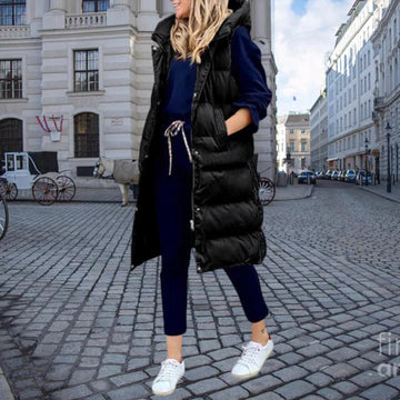 Women’s Longline Puffer Gilet – Hooded Sleeveless Layer for Casual Winter Styling