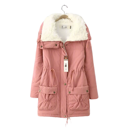 Women’s Sherpa-Lined Drawstring Parka – Mid-Length Cotton Winter Coat with Utility Pockets for Cosy Cold-Weather Layering