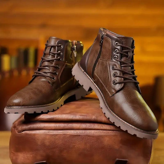Men’s Lace-Up Ankle Boots – Classic Leather Design with Side Zip and Rugged Tread Sole