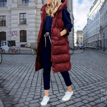 Women’s Longline Puffer Gilet – Hooded Sleeveless Layer for Casual Winter Styling