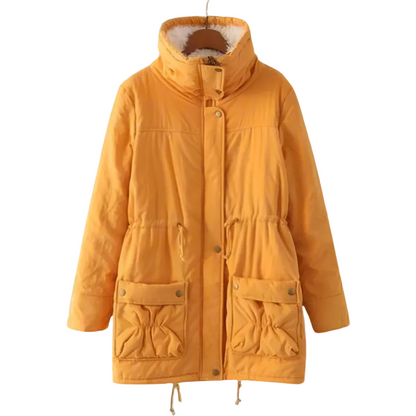 Women’s Sherpa-Lined Drawstring Parka – Mid-Length Cotton Winter Coat with Utility Pockets for Cosy Cold-Weather Layering