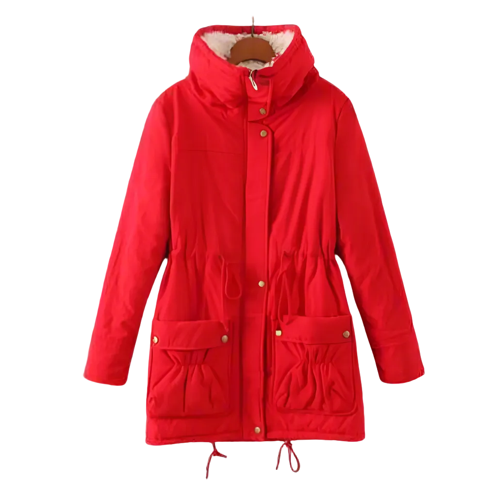 Women’s Sherpa-Lined Drawstring Parka – Mid-Length Cotton Winter Coat with Utility Pockets for Cosy Cold-Weather Layering