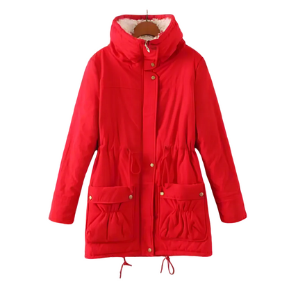 Women’s Sherpa-Lined Drawstring Parka – Mid-Length Cotton Winter Coat with Utility Pockets for Cosy Cold-Weather Layering