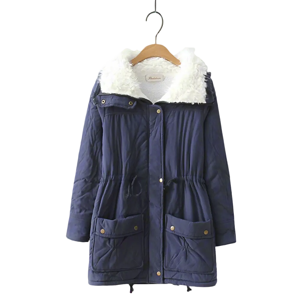 Women’s Sherpa-Lined Drawstring Parka – Mid-Length Cotton Winter Coat with Utility Pockets for Cosy Cold-Weather Layering