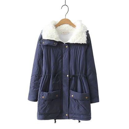 Women’s Sherpa-Lined Drawstring Parka – Mid-Length Cotton Winter Coat with Utility Pockets for Cosy Cold-Weather Layering