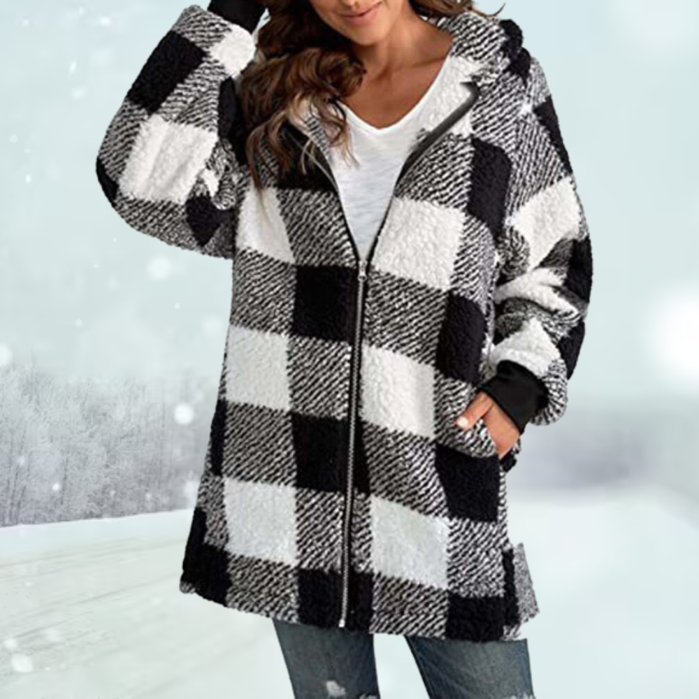 Women’s Hooded Checked Teddy Fleece Coat – Warm Longline Zip Layer for Everyday Winter Wear
