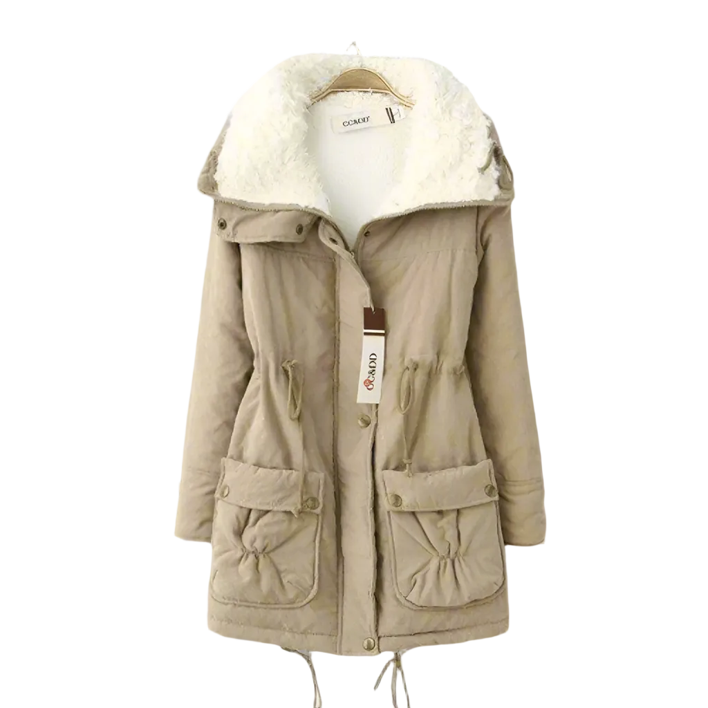 Women’s Sherpa-Lined Drawstring Parka – Mid-Length Cotton Winter Coat with Utility Pockets for Cosy Cold-Weather Layering