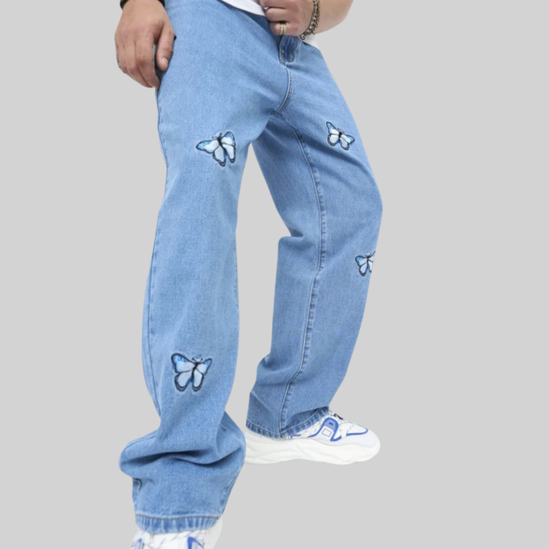 Men’s Butterfly-Embroidered Straight-Leg Jeans – Vintage Denim for Casual Streetwear