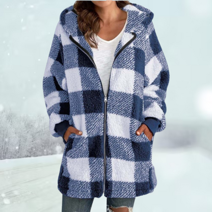 Women’s Hooded Checked Teddy Fleece Coat – Warm Longline Zip Layer for Everyday Winter Wear