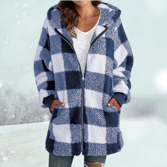 Women’s Hooded Checked Teddy Fleece Coat – Warm Longline Zip Layer for Everyday Winter Wear