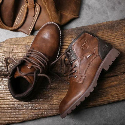 Men’s Lace-Up Ankle Boots – Classic Leather Design with Side Zip and Rugged Tread Sole