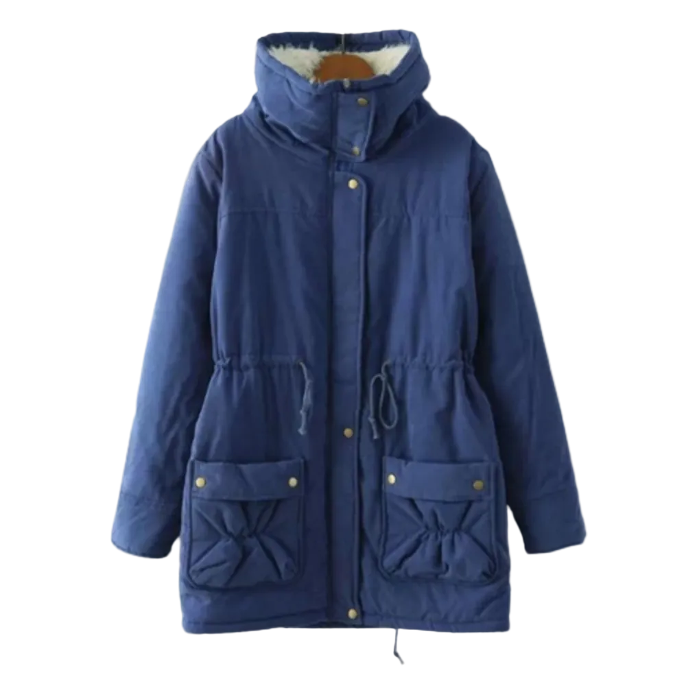 Women’s Sherpa-Lined Drawstring Parka – Mid-Length Cotton Winter Coat with Utility Pockets for Cosy Cold-Weather Layering