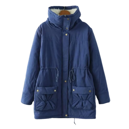 Women’s Sherpa-Lined Drawstring Parka – Mid-Length Cotton Winter Coat with Utility Pockets for Cosy Cold-Weather Layering