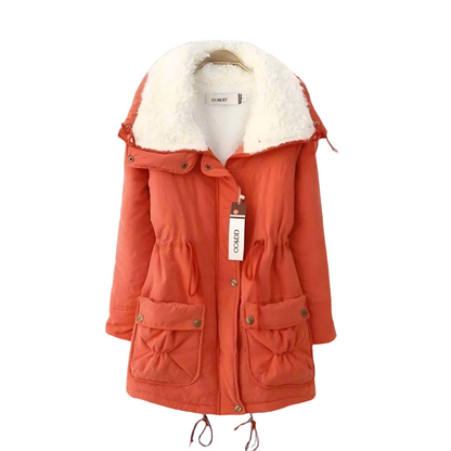 Women’s Sherpa-Lined Drawstring Parka – Mid-Length Cotton Winter Coat with Utility Pockets for Cosy Cold-Weather Layering
