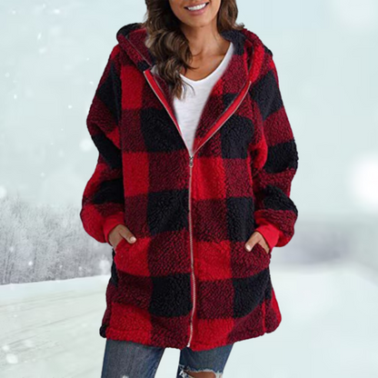 Women’s Hooded Checked Teddy Fleece Coat – Warm Longline Zip Layer for Everyday Winter Wear