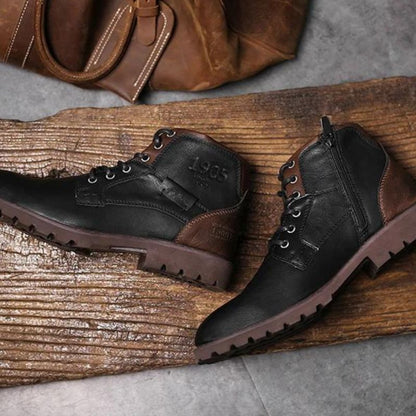 Men’s Lace-Up Ankle Boots – Classic Leather Design with Side Zip and Rugged Tread Sole