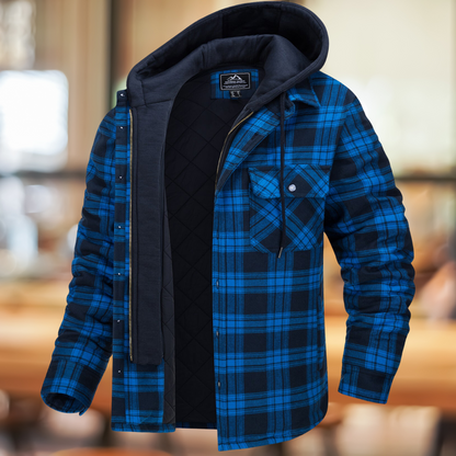 Men’s Hooded Plaid Shirt Jacket – Quilted-Lined Winter Shacket with Chest Pockets for Casual Cold-Weather Layering