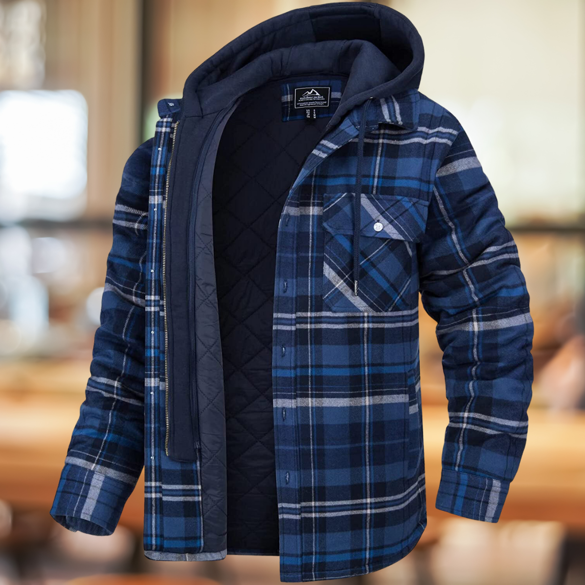 Men’s Hooded Plaid Shirt Jacket – Quilted-Lined Winter Shacket with Chest Pockets for Casual Cold-Weather Layering
