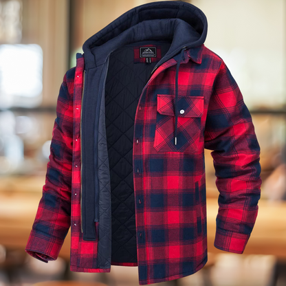 Men’s Hooded Plaid Shirt Jacket – Quilted-Lined Winter Shacket with Chest Pockets for Casual Cold-Weather Layering