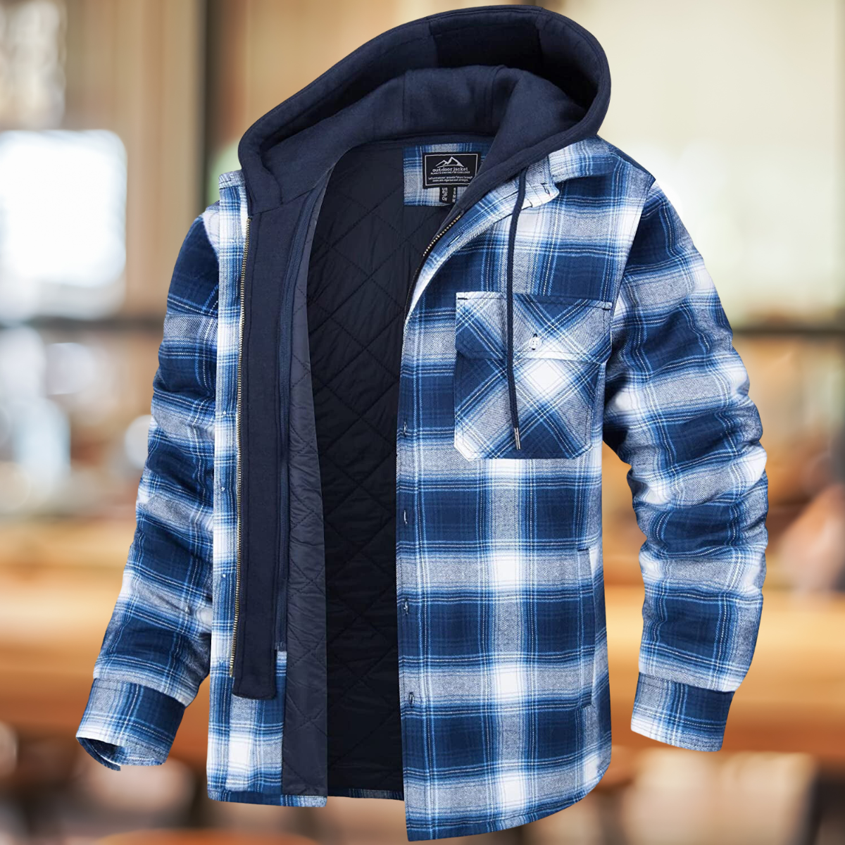 Men’s Hooded Plaid Shirt Jacket – Quilted-Lined Winter Shacket with Chest Pockets for Casual Cold-Weather Layering