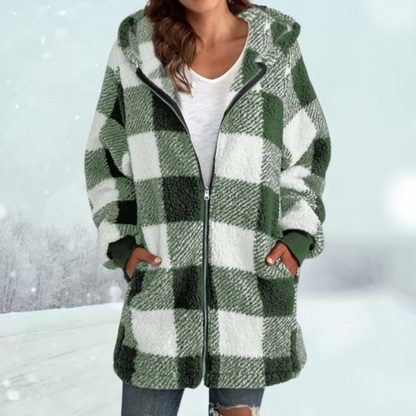 Women’s Hooded Checked Teddy Fleece Coat – Warm Longline Zip Layer for Everyday Winter Wear