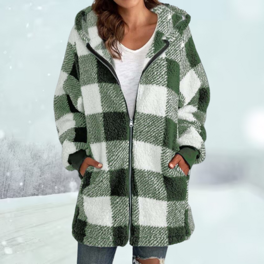 Women’s Hooded Checked Teddy Fleece Coat – Warm Longline Zip Layer for Everyday Winter Wear
