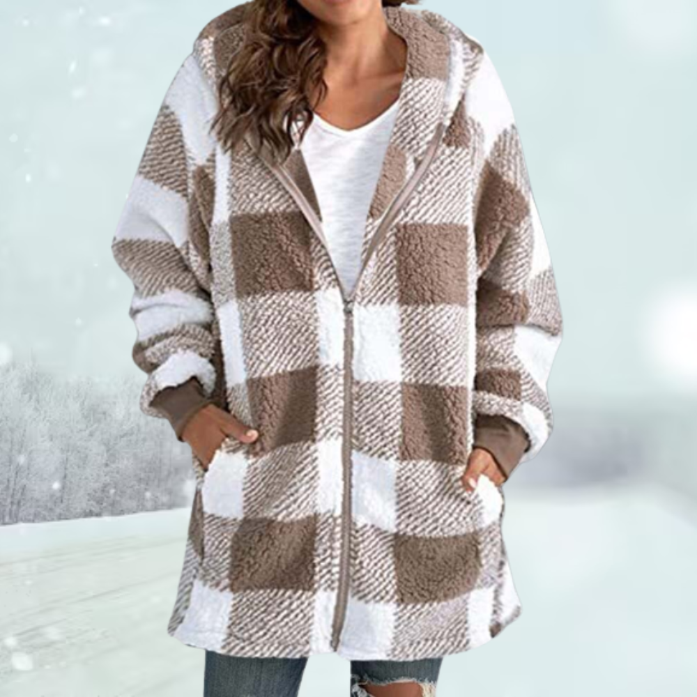 Women’s Hooded Checked Teddy Fleece Coat – Warm Longline Zip Layer for Everyday Winter Wear