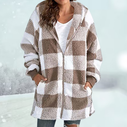 Women’s Hooded Checked Teddy Fleece Coat – Warm Longline Zip Layer for Everyday Winter Wear