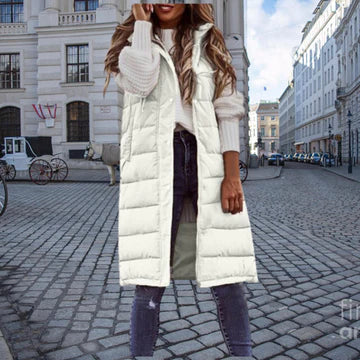 Women’s Longline Puffer Gilet – Hooded Sleeveless Layer for Casual Winter Styling