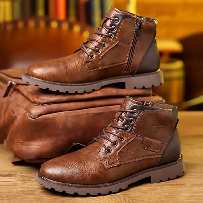 Men’s Lace-Up Ankle Boots – Classic Leather Design with Side Zip and Rugged Tread Sole