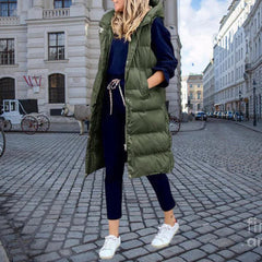 Women’s Longline Puffer Gilet – Hooded Sleeveless Layer for Casual Winter Styling