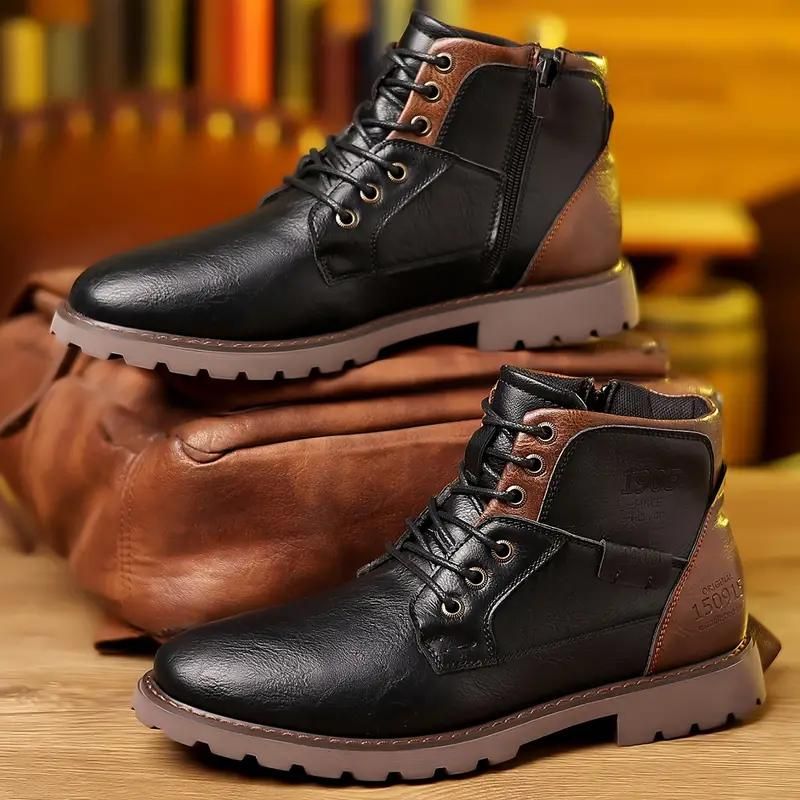 Men’s Lace-Up Ankle Boots – Classic Leather Design with Side Zip and Rugged Tread Sole
