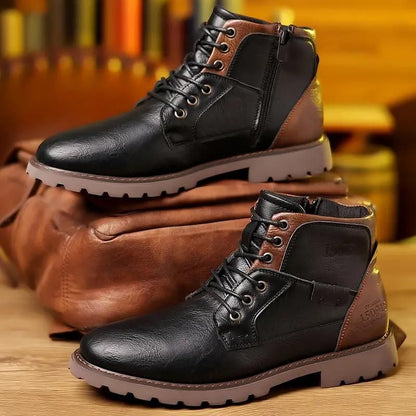 Men’s Lace-Up Ankle Boots – Classic Leather Design with Side Zip and Rugged Tread Sole