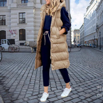 Women’s Longline Puffer Gilet – Hooded Sleeveless Layer for Casual Winter Styling