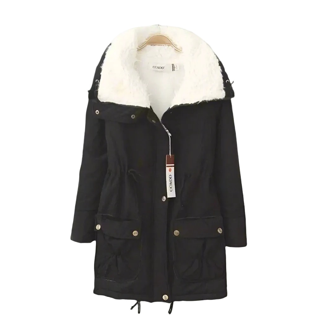 Women’s Sherpa-Lined Drawstring Parka – Mid-Length Cotton Winter Coat with Utility Pockets for Cosy Cold-Weather Layering