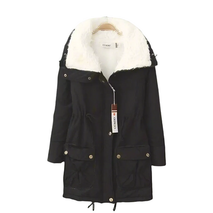 Women’s Sherpa-Lined Drawstring Parka – Mid-Length Cotton Winter Coat with Utility Pockets for Cosy Cold-Weather Layering