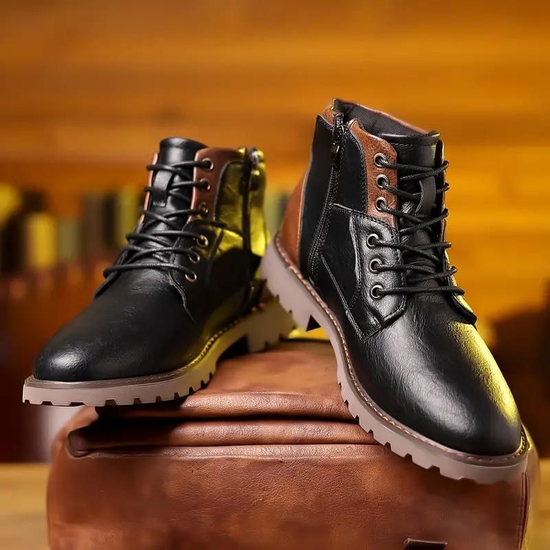 Men’s Lace-Up Ankle Boots – Classic Leather Design with Side Zip and Rugged Tread Sole