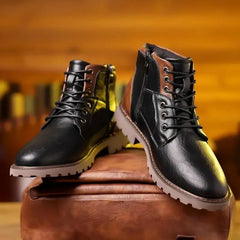 Men’s Lace-Up Ankle Boots – Classic Leather Design with Side Zip and Rugged Tread Sole