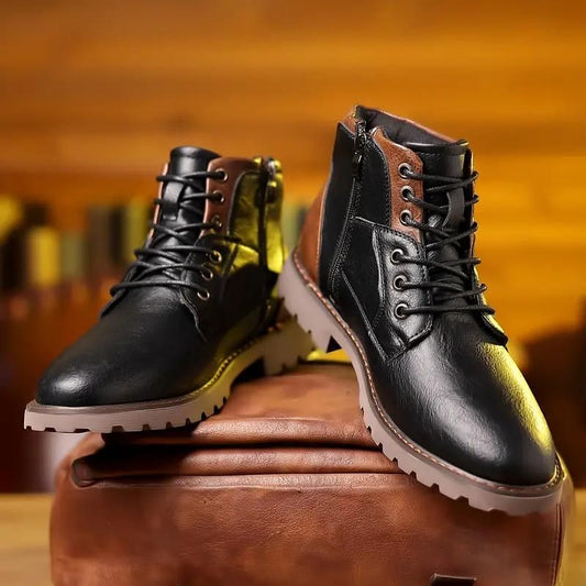 Men’s Lace-Up Ankle Boots – Classic Leather Design with Side Zip and Rugged Tread Sole