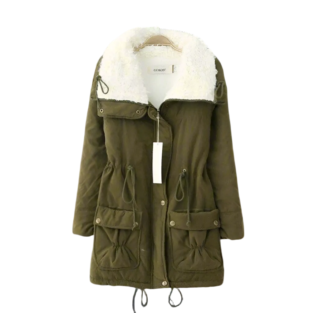 Women’s Sherpa-Lined Drawstring Parka – Mid-Length Cotton Winter Coat with Utility Pockets for Cosy Cold-Weather Layering